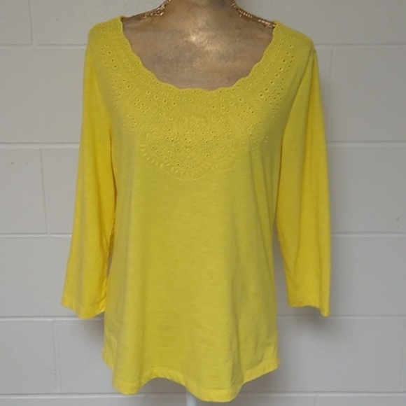 NORTH CREST 3/4 SLEEVE, CUTOUT EMBROIDERED COTTON BLEND TEE SHIRT - Picture 1 of 6